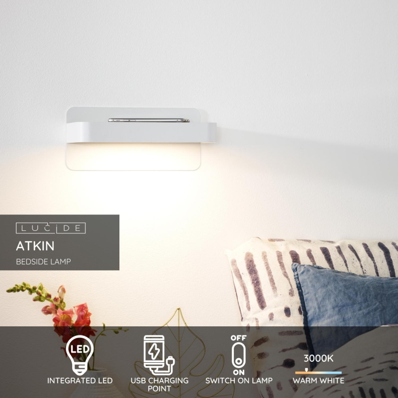 Lucide ATKIN - Nočná lampa - LED - 1x6W 3000K - S nabíjacím bodom USB - Biela